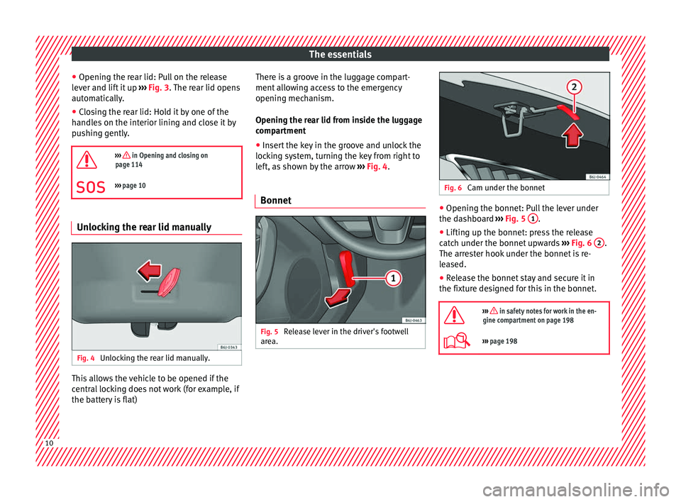 Seat Ibiza SC 2016  Owners manual The essentials
● Openin g the r
e
ar lid: Pull on the release
lever and lift it up  ››› Fig. 3. The rear lid opens
automatically.
● Closing the rear lid: Hold it by one of the
handle
 s on t