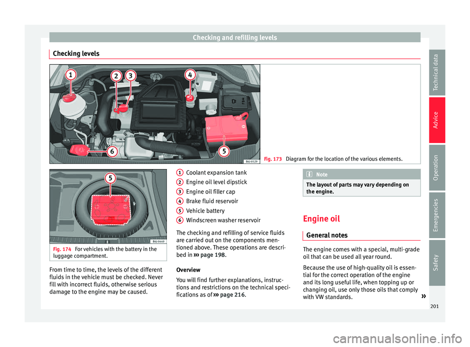 Seat Ibiza SC 2016  Owners manual Checking and refilling levels
Checking levels Fig. 173 
Diagram for the location of the various elements. Fig. 174 
For vehicles with the battery in the
lugg ag
e compartment. From time to time, the l