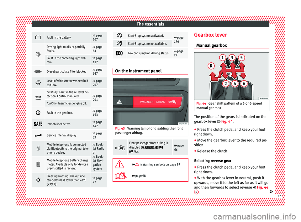 Seat Ibiza SC 2016  Owners manual The essentials
Fault in the battery.››› 
page 
207 
Driving light totally or partially
faulty.››› 
page 
83
Fault in the cornering light sys-
tem.›››  page 
117 
Diesel part