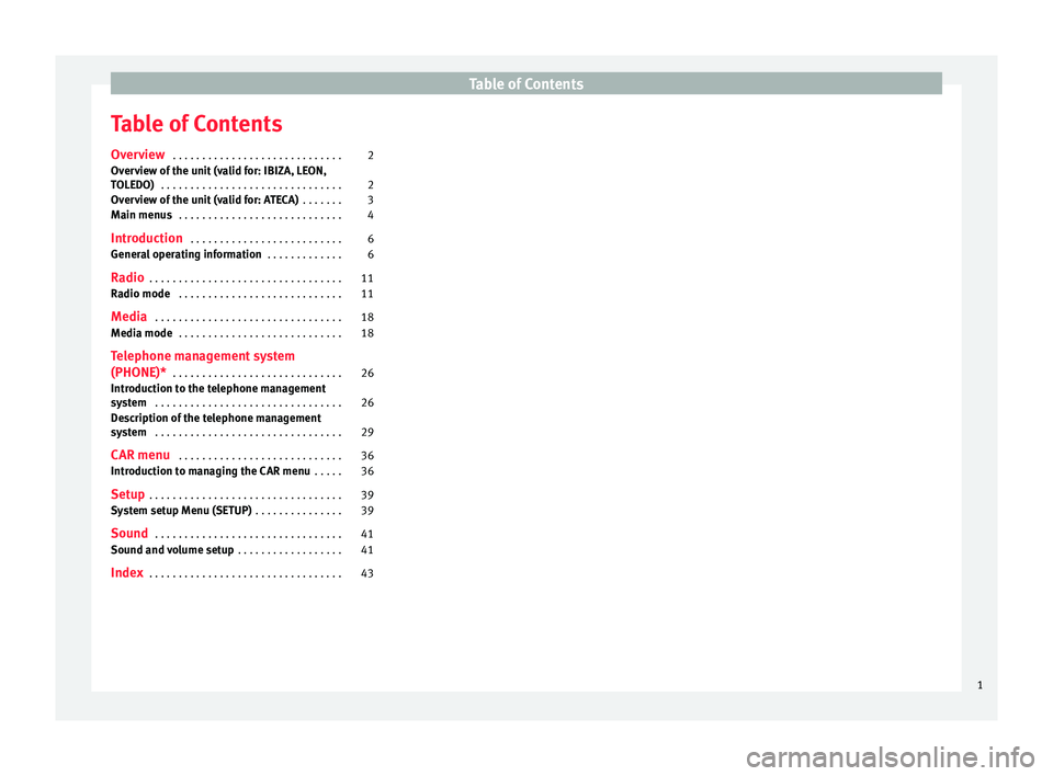Seat Ibiza SC 2016 MEDIA SYSTEM TOUCH - COLOUR Table of Contents
Table of Contents
Ov er
view . . . . . . . . . . . . . . . . . . . . . . . . . . . . . 2
Overview of the unit (valid for: IBIZA, LEON,
TOLEDO) . . . . . . . . . . . . . . . . . . . Seat Ibiza SC 2016 MEDIA SYSTEM TOUCH - COLOUR Table of Contents
Table of Contents
Ov er
view . . . . . . . . . . . . . . . . . . . . . . . . . . . . . 2
Overview of the unit (valid for: IBIZA, LEON,
TOLEDO) . . . . . . . . . . . . . . . . . . .