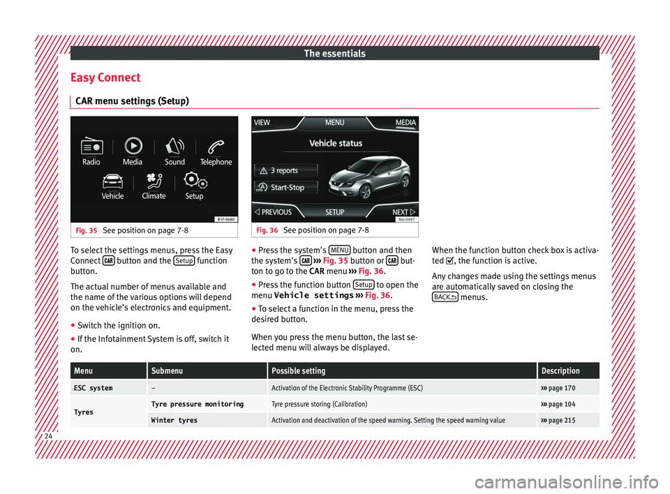 Seat Ibiza SC 2015  Owners manual The essentials
Easy Connect CAR menu settin g
s
 (Setup)Fig. 35 
See position on page 7-8 Fig. 36 
See position on page 7-8 To select the settings menus, press the Easy
C
onnect
 

  button a