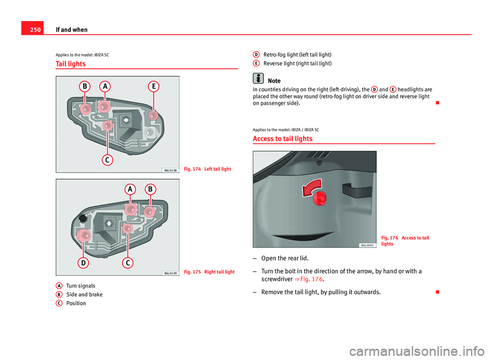 Seat Ibiza 5D 2013  Owners manual 250If and when
Applies to the model: IBIZA SC
Tail lights
Fig. 174  Left tail light
Fig. 175  Right tail light
Turn signals
Side and brake
Position
A
BC
Retro-fog light (left tail light)
Reverse light