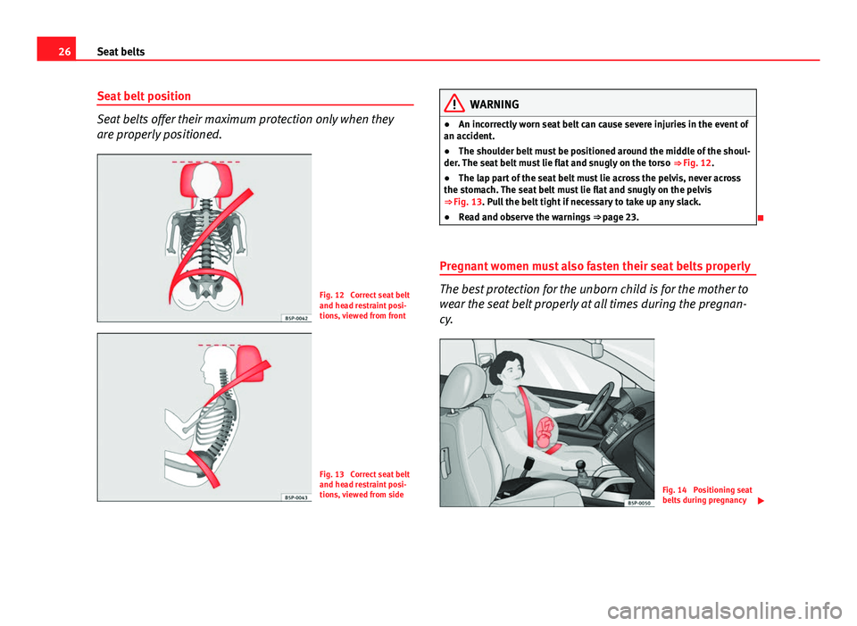 Seat Ibiza 5D 2013  Owners manual 26Seat belts
Seat belt position
Seat belts offer their maximum protection only when they
are properly positioned.
Fig. 12  Correct seat belt
and head restraint posi-
tions, viewed from front
Fig. 13  