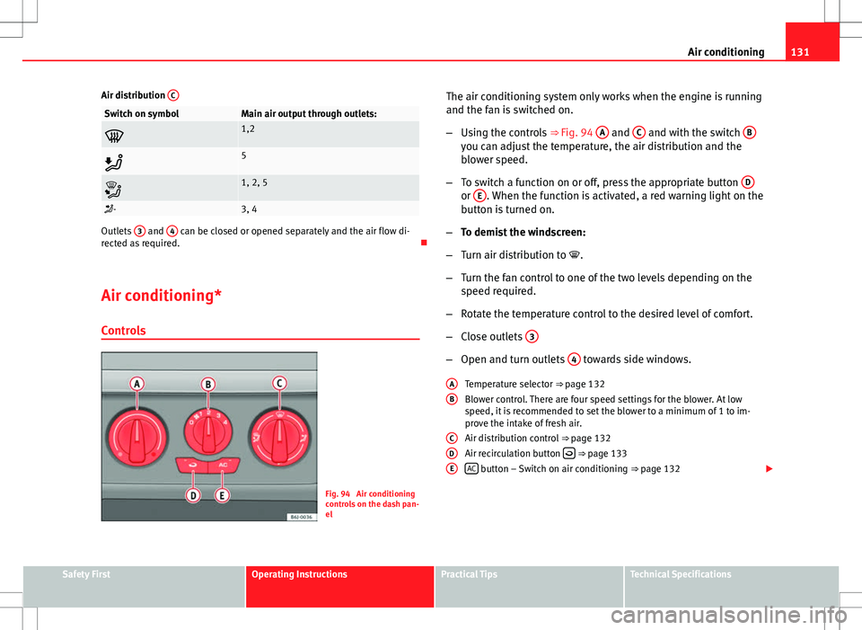 Seat Ibiza 5D 2012 Owners manual 131
Air conditioning
Air distribution C
Switch on symbolMain air output through outlets:
1,2
5
1, 2, 5
-3, 4
Outlets 3 and 4 can be closed or opened separately and the air flow di-
rect Seat Ibiza 5D 2012 Owners manual 131
Air conditioning
Air distribution C
Switch on symbolMain air output through outlets:
1,2
5
1, 2, 5
-3, 4
Outlets 3 and 4 can be closed or opened separately and the air flow di-
rect
