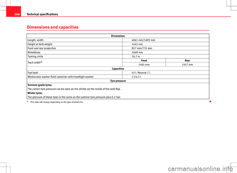 Seat Ibiza 5D 2012  Owners manual 268Technical specifications
Dimensions and capacities
Dimensions
Length, width   4061 mm/1693 mm
Height at kerb weight   1445 mm
Front and rear projection   857 mm/735 mm
Wheelbase   2469 mm
Turning c
