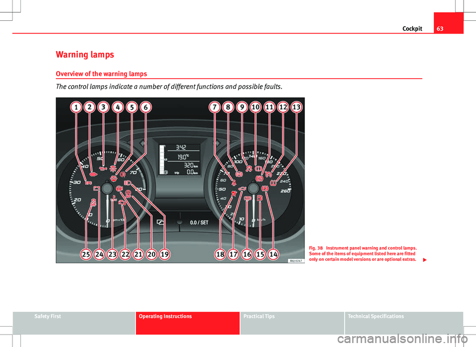 Seat Ibiza 5D 2012  Owners manual 63
Cockpit
Warning lamps Overview of the warning lamps
The control lamps indicate a number of different functions and possible faults.
Fig. 38  Instrument panel warning and control lamps.
Some of the 