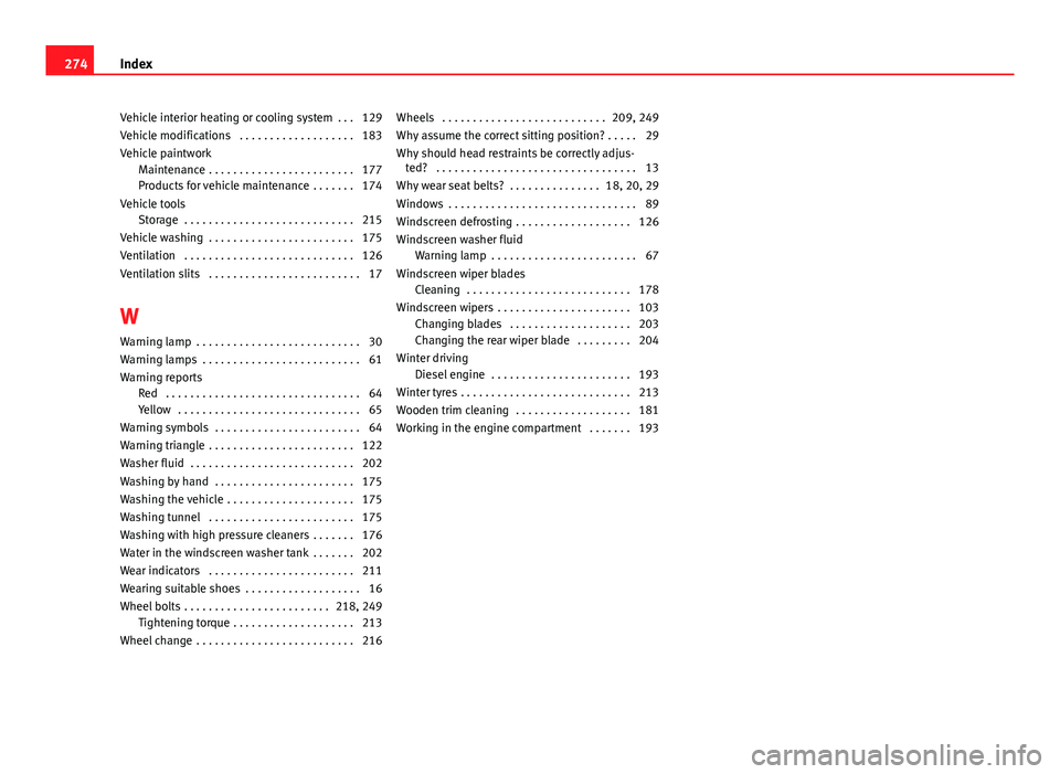 Seat Ibiza SC 2011  Owners manual Vehicle interior heating or cooling system  . . . 129
Vehicle modifications  . . . . . . . . . . . . . . . . . . . 183
Vehicle paintworkMaintenance  . . . . . . . . . . . . . . . . . . . . . . . . 177