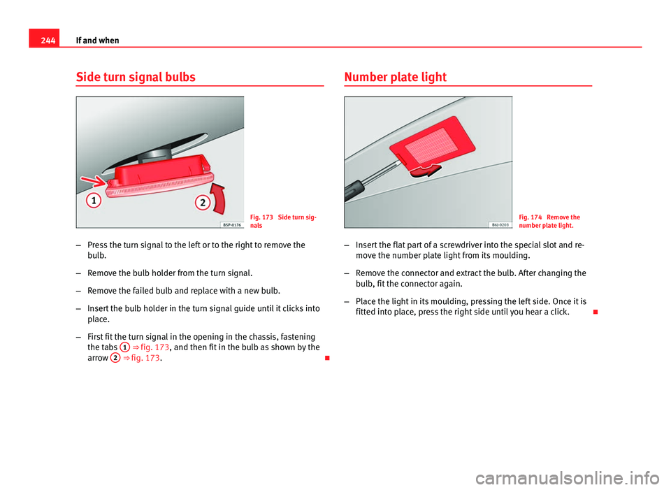 Seat Ibiza ST 2011  Owners manual 244If and when
Side turn signal bulbs
Fig. 173  Side turn sig-
nals
– Press the turn signal to the left or to the right to remove the
bulb.
– Remove the bulb holder from the turn signal.
– Remov