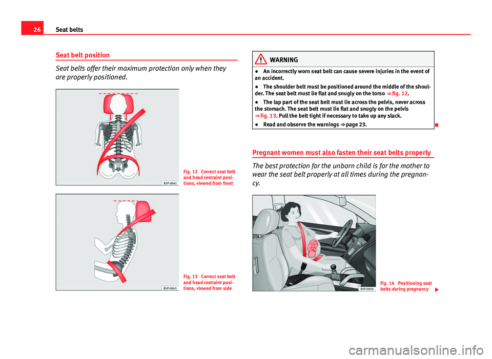 Seat Ibiza ST 2011  Owners manual 26Seat belts
Seat belt position
Seat belts offer their maximum protection only when they
are properly positioned.
Fig. 12  Correct seat belt
and head restraint posi-
tions, viewed from front
Fig. 13  