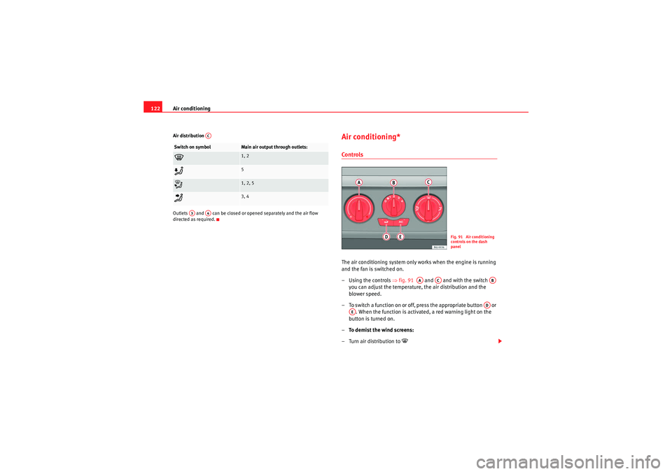 Seat Ibiza 5D 2010  Owners manual Air conditioning
122Air distribution 
Outlets   and   can be closed or opened separately and the air flow 
directed as required.
Air conditioning* ControlsThe air conditioning system only works when t