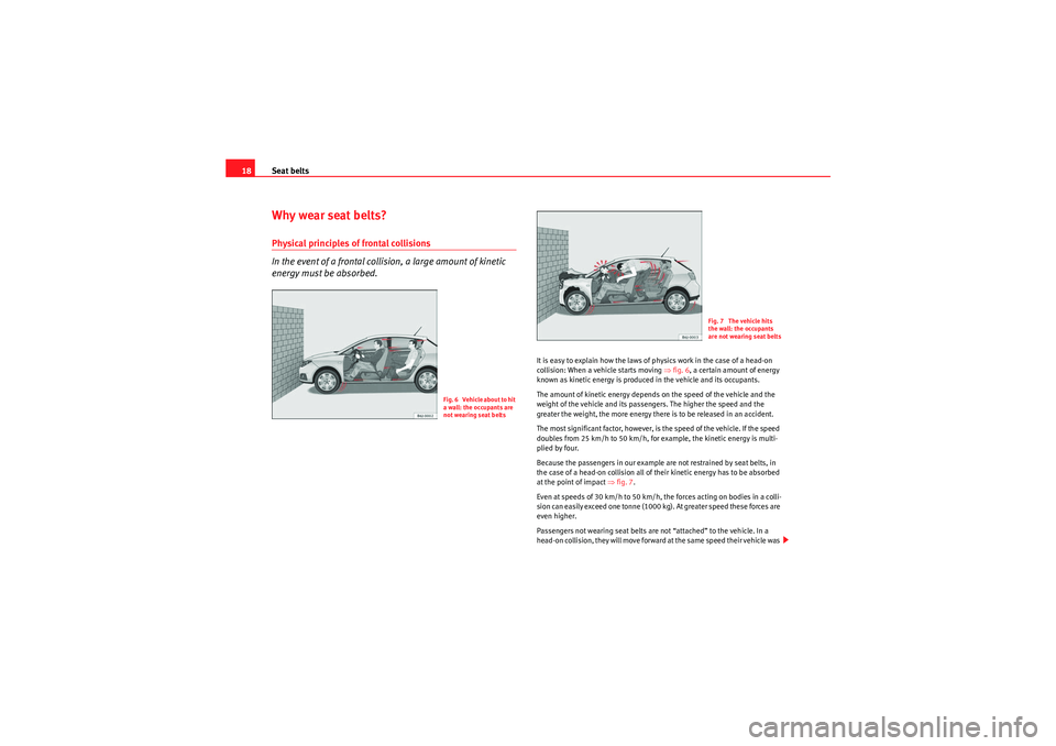 Seat Ibiza 5D 2010  Owners manual Seat belts
18Why wear seat belts?Physical principles of frontal collisions
In the event of a frontal collision, a large amount of kinetic 
energy must be absorbed.
It is easy to explain how the laws o