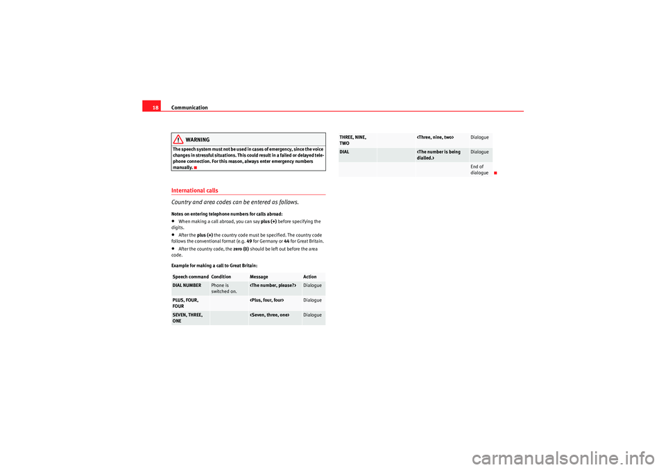 Seat Ibiza 5D 2009  COMMUNICATION SYSTEM Communication
18
WARNING
The speech system must not be used in cases of emergency, since the voice 
changes in stressful situations. This could result in a failed or delayed tele-
phone connection. Fo