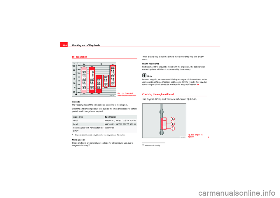 Seat Ibiza SC 2009  Owners manual Checking and refilling levels
180Oil propertiesViscosity
The viscosity class of the oil is selected according to the diagram.
When the ambient temperature falls outside the limits of the scale for a s