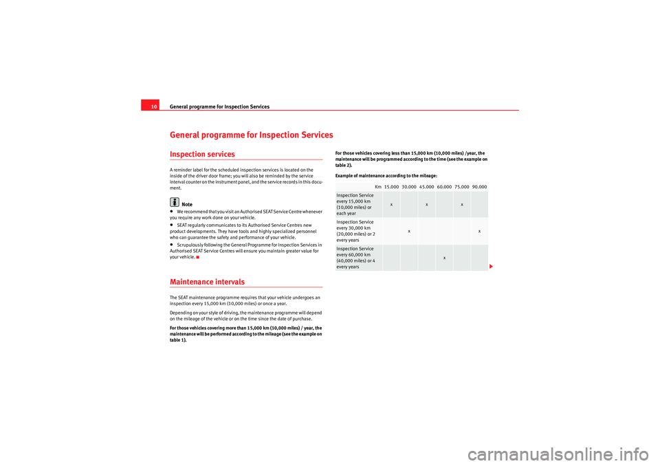 Seat Ibiza SC 2009  Maintenance programme General programme for Inspection Services
10General programme for Inspection ServicesInspection servicesA reminder label for the scheduled inspection services is located on the 
inside of the driver d