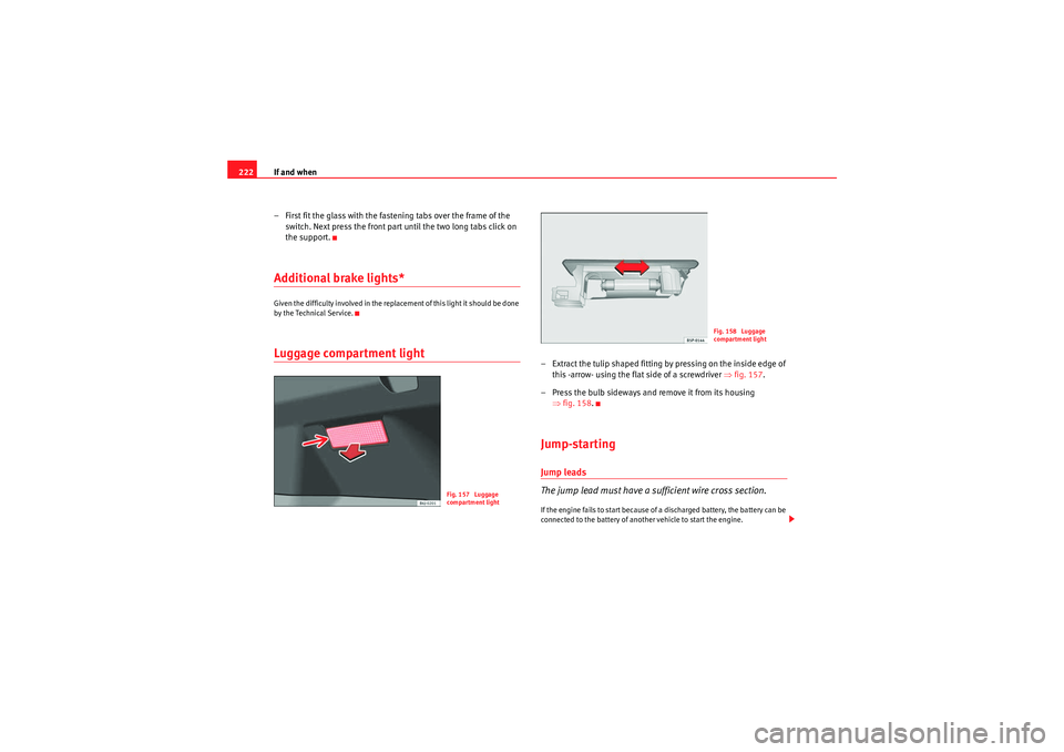 Seat Ibiza ST 2009  Owners manual If and when
222
– First fit the glass with the fastening tabs over the frame of the switch. Next press the front part until the two long tabs click on 
the support.Additional brake lights*Given the 