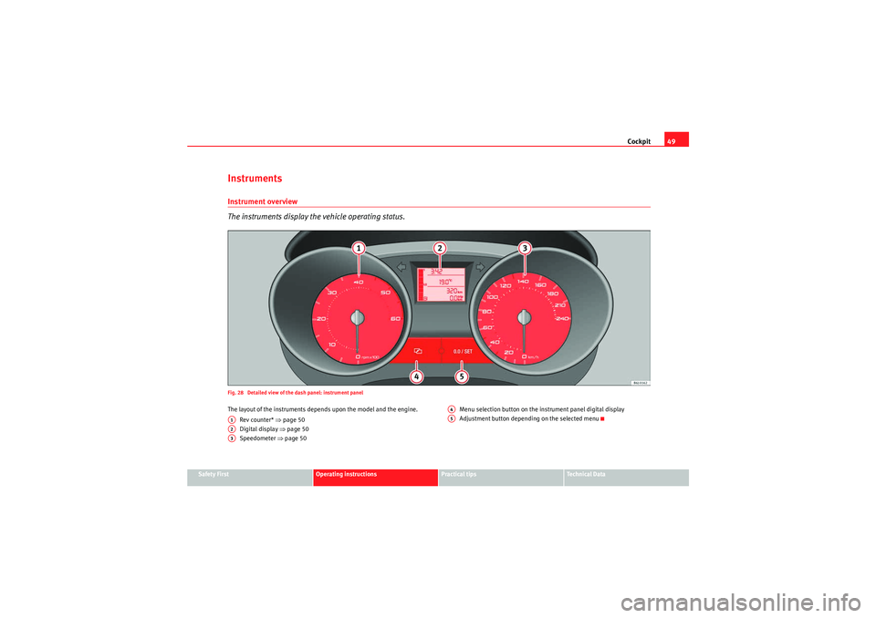 Seat Ibiza ST 2009  Owners manual Cockpit49
Safety First
Operating instructions
Practical tips
Technical Data
InstrumentsInstrument overview
The instruments display the vehicle operating status.Fig. 28  Detailed view of the dash panel