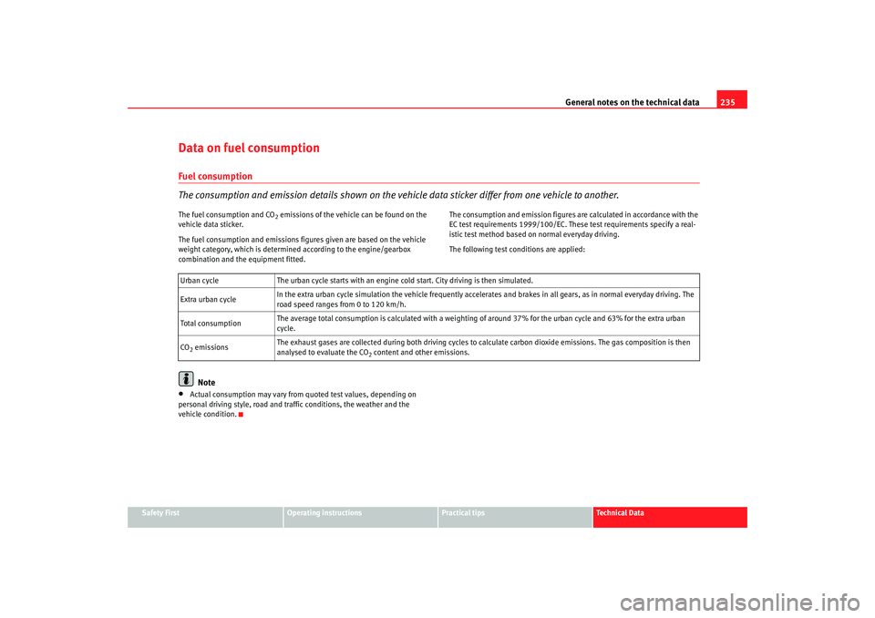 Seat Ibiza 5D 2008 Owners manual General notes on the technical data 235
Safety First
Operating instructions
Practical tips
Te c h n i c a l D a t a
Data on fuel consumptionFuel consumption
The consumption and emission details shown Seat Ibiza 5D 2008 Owners manual General notes on the technical data 235
Safety First
Operating instructions
Practical tips
Te c h n i c a l D a t a
Data on fuel consumptionFuel consumption
The consumption and emission details shown