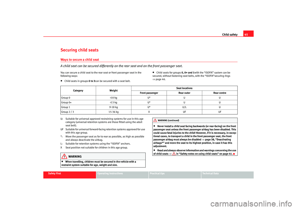Seat Ibiza 5D 2008 Owners manual Child safety45
Safety First
Operating instructions
Practical tips
Te c h n i c a l D a t a
Securing child seatsWays to secure a child seat
A child seat can be secured differently on th e rear seat an Seat Ibiza 5D 2008 Owners manual Child safety45
Safety First
Operating instructions
Practical tips
Te c h n i c a l D a t a
Securing child seatsWays to secure a child seat
A child seat can be secured differently on th e rear seat an