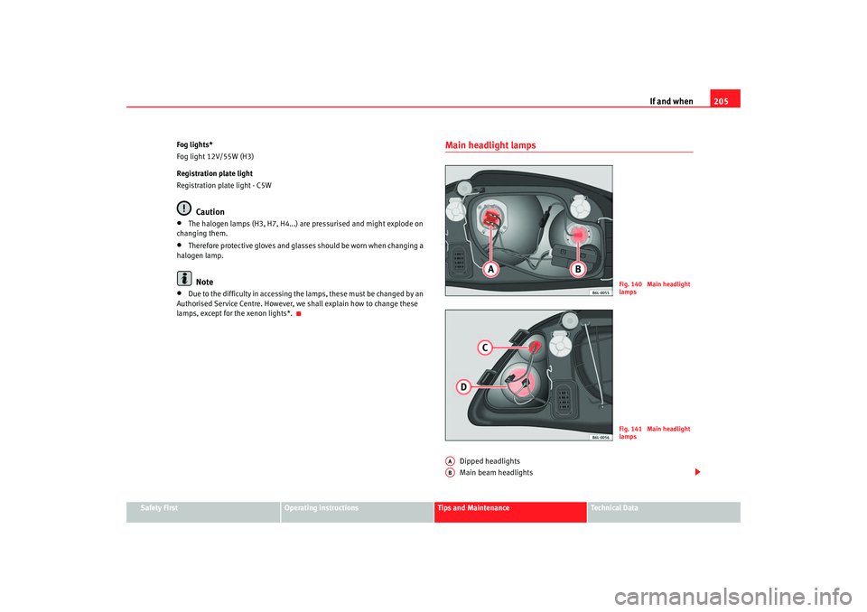 Seat Ibiza 5D 2005  Owners manual If and when205
Safety First
Operating instructions
Tips and Maintenance
Te c h n i c a l  D a t a
Fog lights*
Fog light 12V/55W (H3)
Registration plate light
Registration plate light - C5W
Caution
•