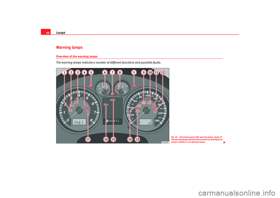 Seat Ibiza 5D 2005  Owners manual Cockpit
60Warning lampsOverview of the warning lamps
The warning lamps indicate a number of different functions and possible faults.
Fig. 40  Instrument panel with warning lamps. Some of 
the warning 