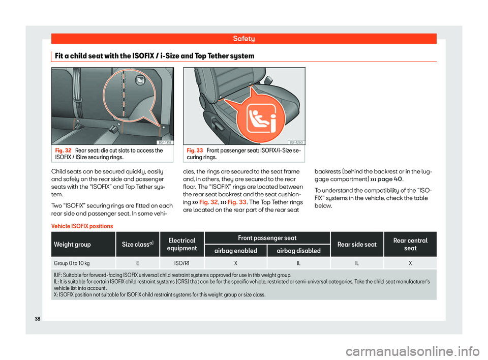 Seat Leon Sportstourer 2020 Owners manual Safety
Fit a child seat with the ISOFIX / i-Size and Top Tether system Fig. 32
Rear seat: die cut slots to access the
ISOFIX / iSiz e securing rings. Fig. 33
Front passenger seat: ISOFIX/i-Size se-
Seat Leon Sportstourer 2020 Owners manual Safety
Fit a child seat with the ISOFIX / i-Size and Top Tether system Fig. 32
Rear seat: die cut slots to access the
ISOFIX / iSiz e securing rings. Fig. 33
Front passenger seat: ISOFIX/i-Size se-