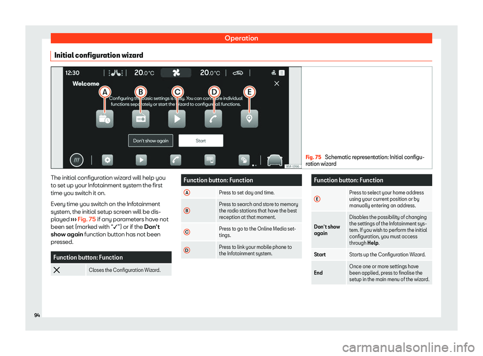 Seat Leon Sportstourer 2020  Owners manual Operation
Initial configuration wizard Fig. 75 
Schematic representation: Initial configu-
r ation wiz
ard The initial configuration wizard will help you
t
o set up your Inf

otainment system the firs