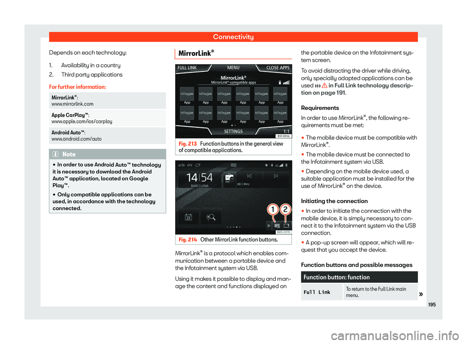 Seat Leon Sportstourer 2018  Owners manual Connectivity
Depends on each technology: Avail
abilit
y in a country
Third party applications
For further information: MirrorLink
