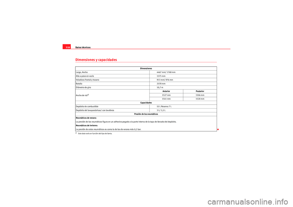 Seat Altea XL 2011  Manual del propietario (in Spanish) Datos técnicos
318Dimensiones y capacidades
Dimensiones
Largo, Ancho 4467 mm/ 1768 mm
Alto a peso en vacío 1575 mm
Voladizos frontal y trasero 913 mm/ 976 mm
Batalla 2578 mm
Diámetro de giro 10,7 m