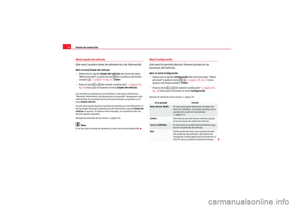 Seat Altea XL 2011  Manual del propietario (in Spanish) Puesto de conducción
76Menú estado del vehículo 
Este menú muestra textos de advertencia o de informaciónAbrir el menú Estado del vehículo
– Seleccione la opción  Estado del vehículo del me
