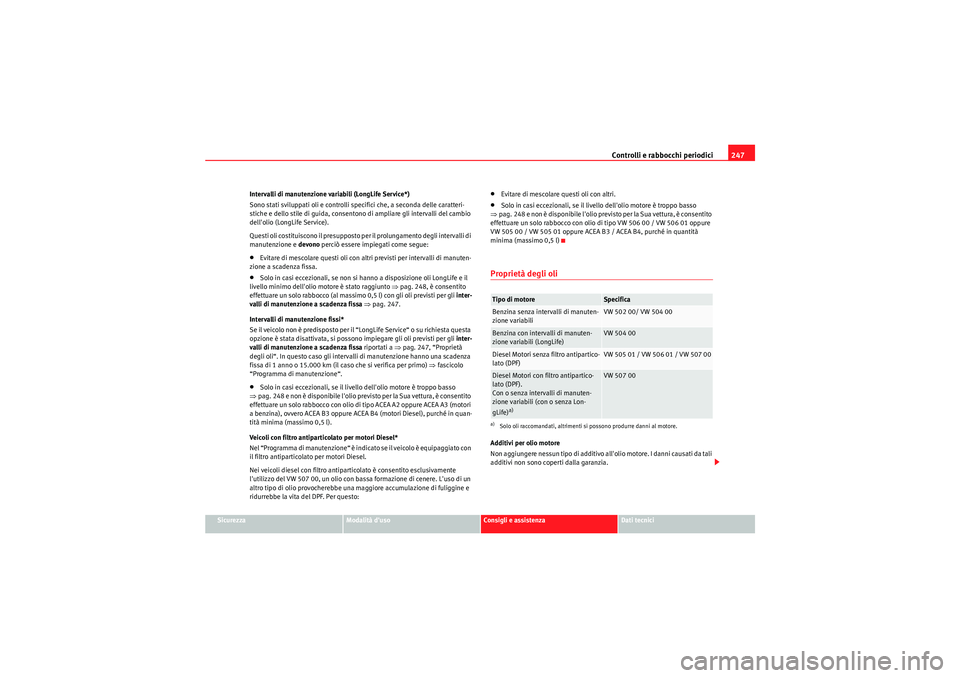 Seat Altea XL 2011  Manuale del proprietario (in Italian) Controlli e rabbocchi periodici247
Sicurezza
Modalità duso
Consigli e assistenza
Dati tecnici
Intervalli di manutenzione variabili (LongLife Service*)
Sono stati sviluppati oli e controlli specifici