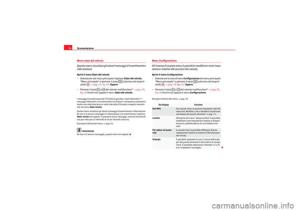 Seat Altea XL 2011  Manuale del proprietario (in Italian) Strumentazione
76Menu stato del veicolo 
Questo menu visualizza gli attuali messaggi davvertimento e 
informazioneAprire il menu Stato del veicolo
– Selezionare dal menu principale lopzione  Stato
