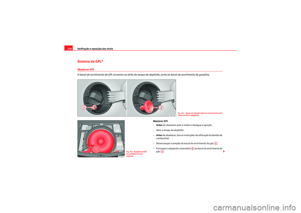 Seat Altea XL 2011  Manual do proprietário (in Portuguese)  Verificação e reposição dos níveis
236Sistema de GPL*Abastecer GPL
O bocal de enchimento de GPL encontra-se atrás da tampa do depósito, junto ao bocal de enchimento de gasolina.
Abastecer GPL
