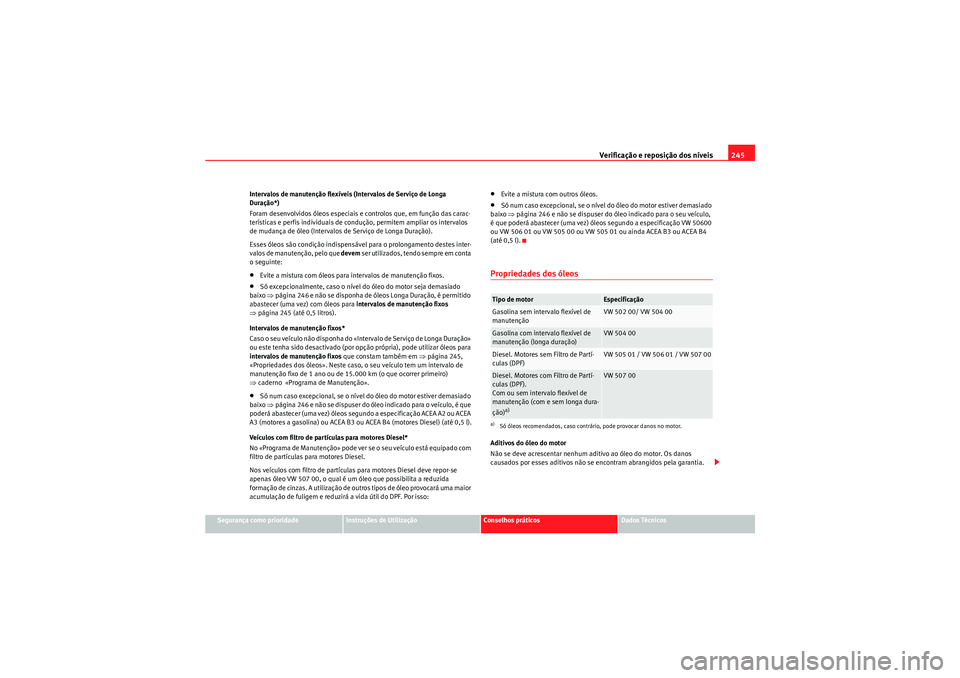 Seat Altea XL 2011  Manual do proprietário (in Portuguese)  Verificação e reposição dos níveis245
Segurança como prioridade
Instruções de Utilização
Conselhos práticos
Dados Técnicos
Intervalos de manutenção flexíveis (Intervalos de Serviço de 