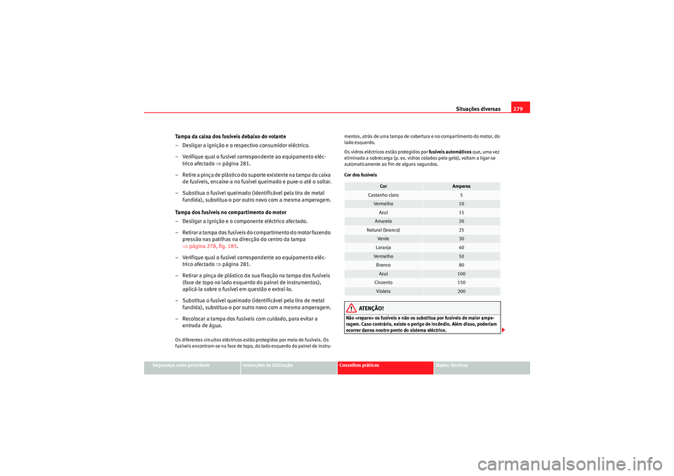 Seat Altea XL 2011 Manual do proprietário (in Portuguese) Situações diversas279
Segurança como prioridade
Instruções de Utilização
Conselhos práticos
Dados Técnicos
Tampa da caixa dos fusíveis debaixo do volante
– Desligar a ignição e o respect Seat Altea XL 2011 Manual do proprietário (in Portuguese) Situações diversas279
Segurança como prioridade
Instruções de Utilização
Conselhos práticos
Dados Técnicos
Tampa da caixa dos fusíveis debaixo do volante
– Desligar a ignição e o respect