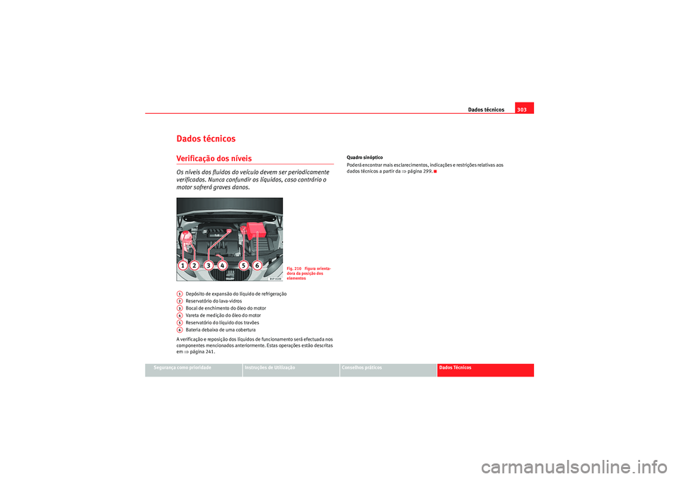 Seat Altea XL 2011  Manual do proprietário (in Portuguese)  Dados técnicos303
Segurança como prioridade
Instruções de Utilização
Conselhos práticos
Dados Técnicos
Dados técnicosVerificação dos níveisOs níveis dos fluidos do veículo devem ser peri