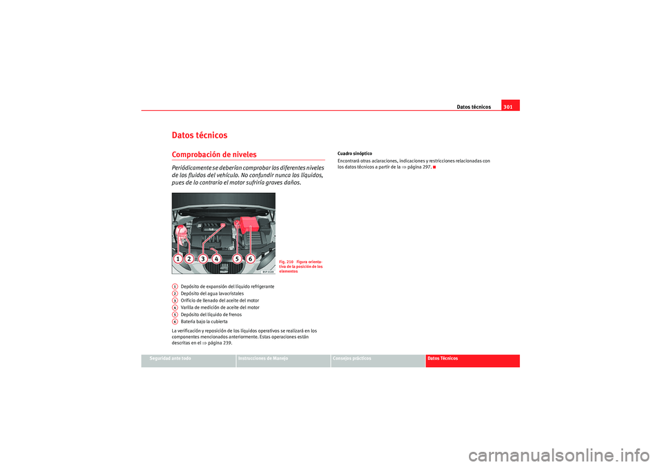 Seat Altea XL 2010  Manual del propietario (in Spanish) Datos técnicos301
Seguridad ante todo
Instrucciones de Manejo
Consejos prácticos
Datos Técnicos
Datos técnicosComprobación de nivelesPeriódicamente se deberían co mprobar los diferentes niveles