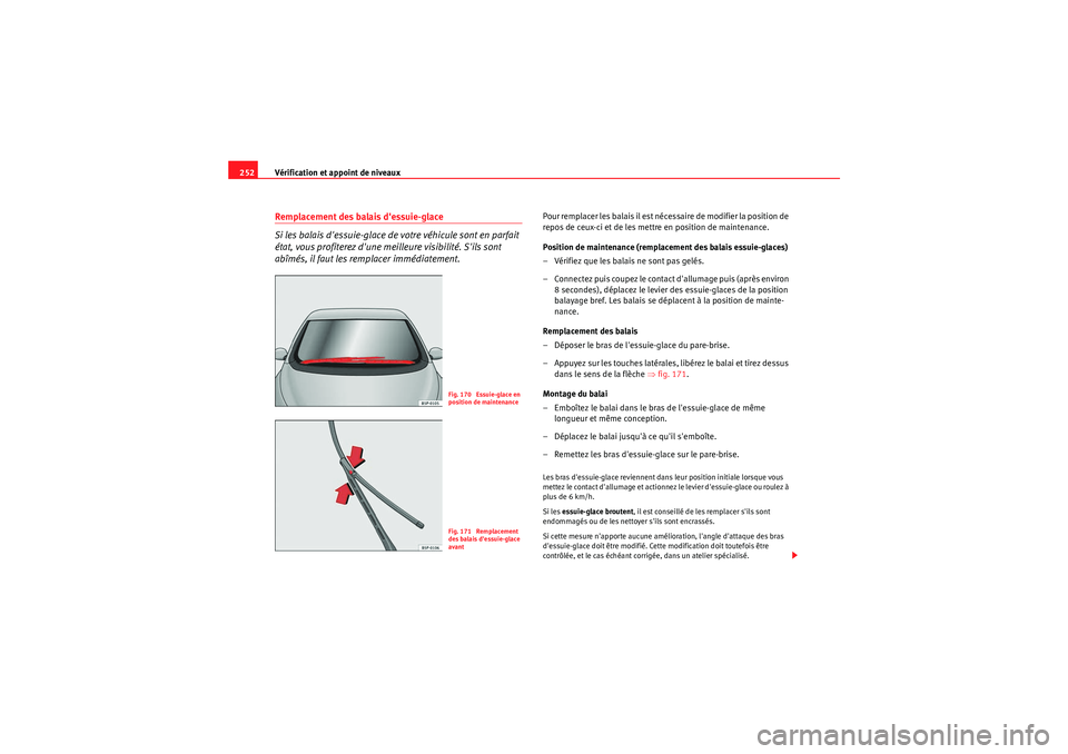 Seat Altea XL 2010  Manuel du propriétaire (in French)  Vérification et appoint de niveaux
252Remplacement des balais dessuie-glace
Si les balais dessuie-glace de votre véhicule sont en parfait 
état, vous profiterez dune meilleure visibilité. Sils
