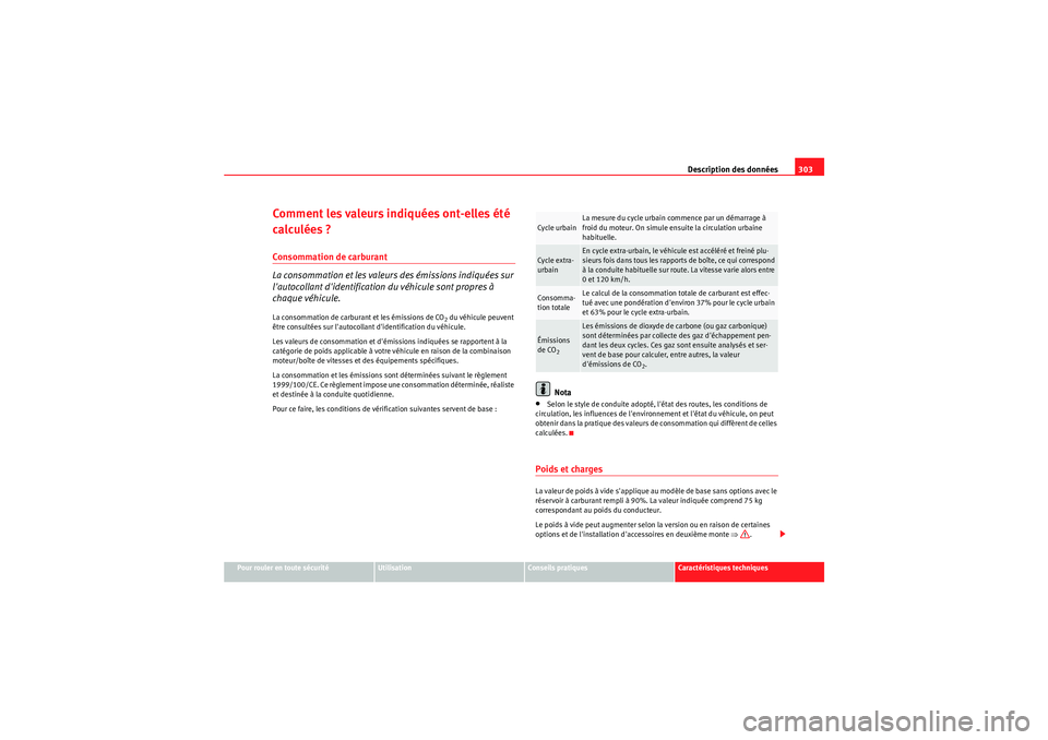 Seat Altea XL 2010  Manuel du propriétaire (in French)  Description des données303
Pour rouler en toute sécurité
Utilisation
Conseils pratiques
Caractéristiques techniques
Comment les valeurs indiquées ont-elles été 
calculées ?Consommation de carb