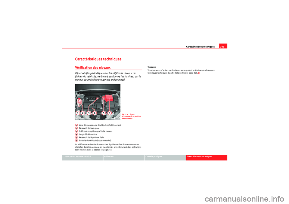 Seat Altea XL 2010  Manuel du propriétaire (in French)  Caractéristiques techniques305
Pour rouler en toute sécurité
Utilisation
Conseils pratiques
Caractéristiques techniques
Caractéristiques techniquesVérification des niveauxIl faut vérifier péri