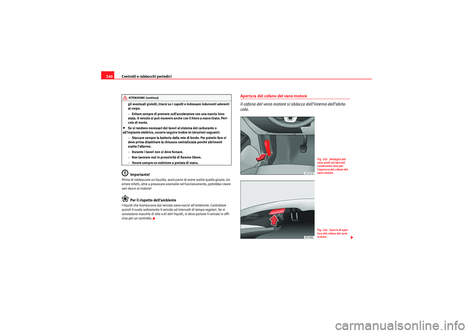 Seat Altea XL 2010  Manuale del proprietario (in Italian) Controlli e rabbocchi periodici
240
gli eventuali gioielli, tirarsi su i capelli e indossare indumenti aderenti 
al corpo.
− Evitare sempre di premere sull’acceleratore con una marcia inne-
stata.