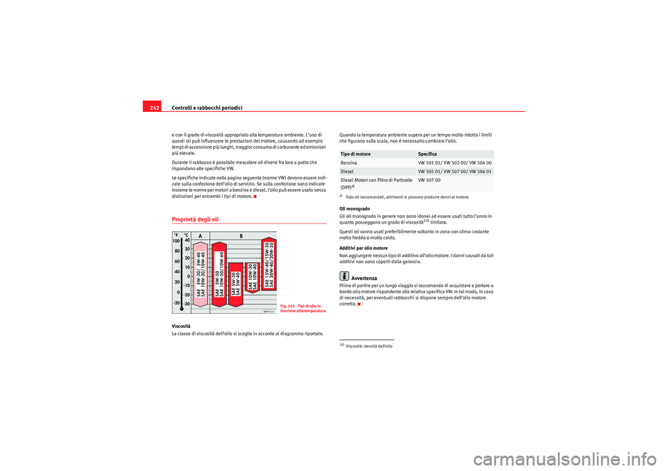 Seat Altea XL 2010  Manuale del proprietario (in Italian) Controlli e rabbocchi periodici
242e con il grado di viscosità appropriato alla temperatura ambiente. L’uso di 
questi oli può influenzare le prestazioni del motore, causando ad esempio 
tempi di 