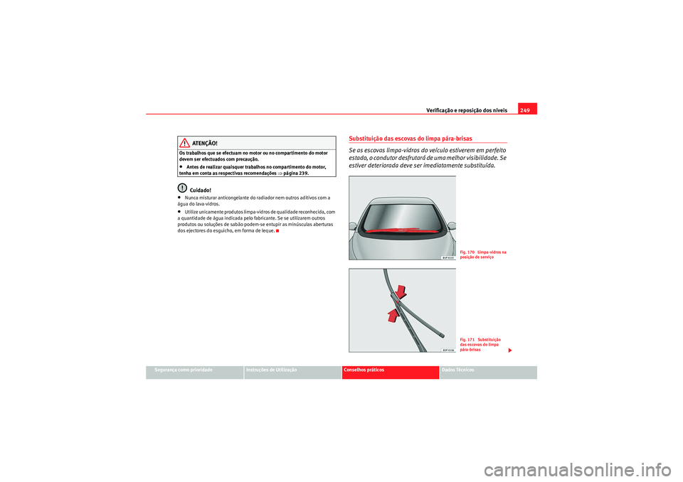 Seat Altea XL 2010  Manual do proprietário (in Portuguese)  Verificação e reposição dos níveis249
Segurança como prioridade
Instruções de Utilização
Conselhos práticos
Dados Técnicos
ATENÇÃO!
Os trabalhos que se efectuam no motor ou no compartime