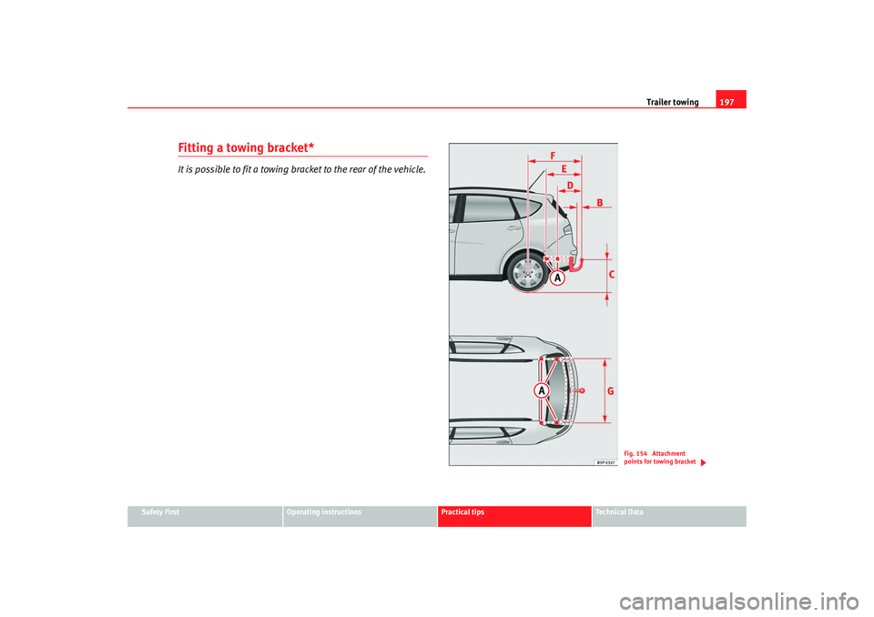 Seat Altea XL 2009  Owners Manual Trailer towing197
Safety First
Operating instructions
Practical tips
Te c h n i c a l  D a t a
Fitting a towing bracket*It is possible to fit a towing bracket to the rear of the vehicle.
Fig. 154  Att