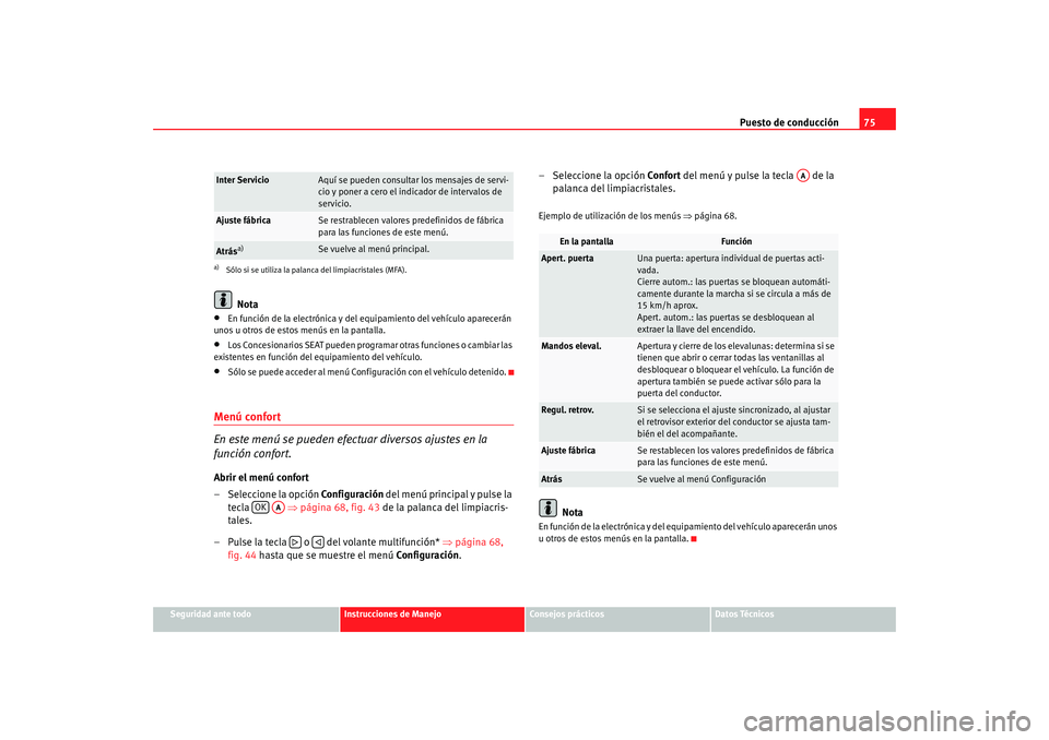 Seat Altea XL 2009 Manual del propietario (in Spanish) Puesto de conducción75
Seguridad ante todo
Instrucciones de Manejo
Consejos prácticos
Datos Técnicos
Nota
•
En función de la electrónica y del equipamiento del vehículo aparecerán
unos u ot Seat Altea XL 2009 Manual del propietario (in Spanish) Puesto de conducción75
Seguridad ante todo
Instrucciones de Manejo
Consejos prácticos
Datos Técnicos
Nota
•
En función de la electrónica y del equipamiento del vehículo aparecerán
unos u ot