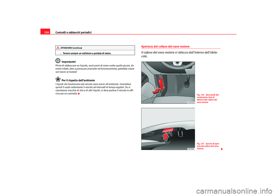 Seat Altea XL 2009  Manuale del proprietario (in Italian) Controlli e rabbocchi periodici
230
− Tenere sempre un estintore a portata di mano.Importante!
Prima di rabboccare un liquido, assicurarsi di avere scelto quello giusto. Un 
errore infatti, oltre a 