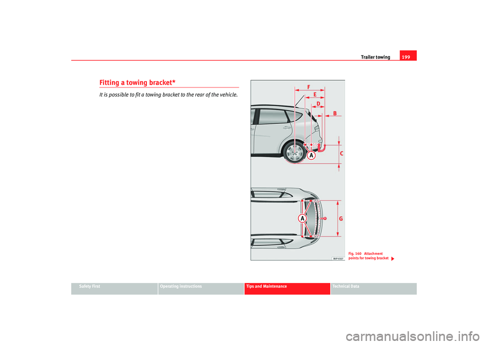 Seat Altea XL 2008  Owners Manual Trailer towing199
Safety First
Operating instructions
Tips and Maintenance
Te c h n i c a l  D a t a
Fitting a towing bracket*It is possible to fit a towing bracket to the rear of the vehicle.
Fig. 16