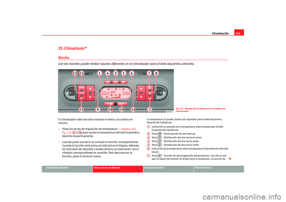 Seat Altea XL 2008 Manual del propietario (in Spanish) Climatización165
Seguridad ante todo
Instrucciones de Manejo
Consejos prácticos
Datos Técnicos
2C-Climatronic*Mandos
Con los mandos puede realizar ajustes diferentes en el climatizador para el lad Seat Altea XL 2008 Manual del propietario (in Spanish) Climatización165
Seguridad ante todo
Instrucciones de Manejo
Consejos prácticos
Datos Técnicos
2C-Climatronic*Mandos
Con los mandos puede realizar ajustes diferentes en el climatizador para el lad