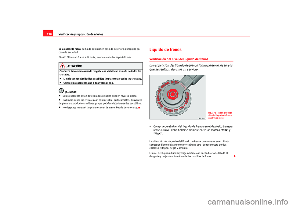 Seat Altea XL 2008  Manual del propietario (in Spanish) Verificación y reposición de niveles
238Si la escobilla rasca , se ha de cambiar en caso de deterioro o limpiarla en 
caso de suciedad.
Si esto último no fuese suficiente, acuda a un taller especia