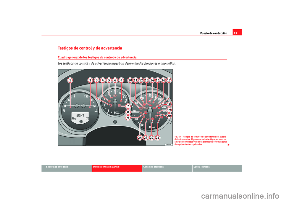 Seat Altea XL 2008  Manual del propietario (in Spanish) Puesto de conducción75
Seguridad ante todo
Instrucciones de Manejo
Consejos prácticos
Datos Técnicos
Testigos de control y de advertencia Cuadro general de los testigos de control y de advertencia
