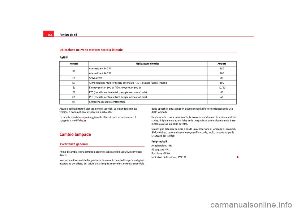 Seat Altea XL 2008 Manuale del proprietario (in Italian) Per fare da sé
266Ubicazione nel vano motore: scatola lateraleFusibili
Alcuni degli utilizzatori elencati sono disponibili solo per determinate
versioni o sono optional disponibili a richiesta.
La t Seat Altea XL 2008 Manuale del proprietario (in Italian) Per fare da sé
266Ubicazione nel vano motore: scatola lateraleFusibili
Alcuni degli utilizzatori elencati sono disponibili solo per determinate
versioni o sono optional disponibili a richiesta.
La t